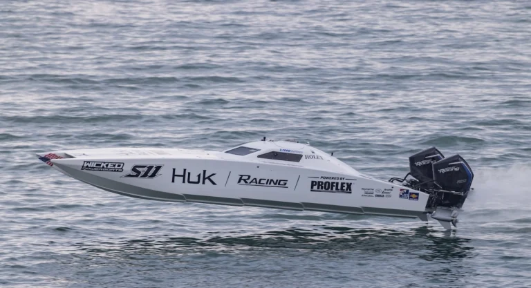 Huk Racing Super Stock powerboat S-11 running on plane at the Atlantic City Sports Offshore Grand Prix 2026