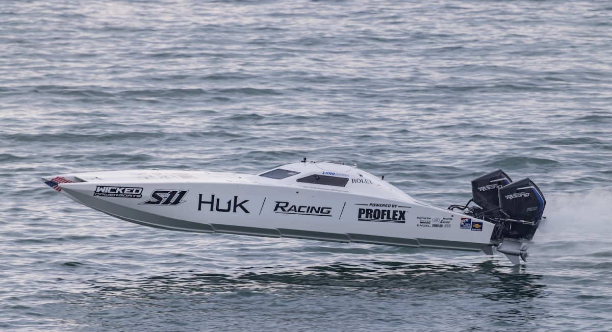 Huk Racing Super Stock powerboat S-11 running on plane at the Atlantic City Sports Offshore Grand Prix 2026