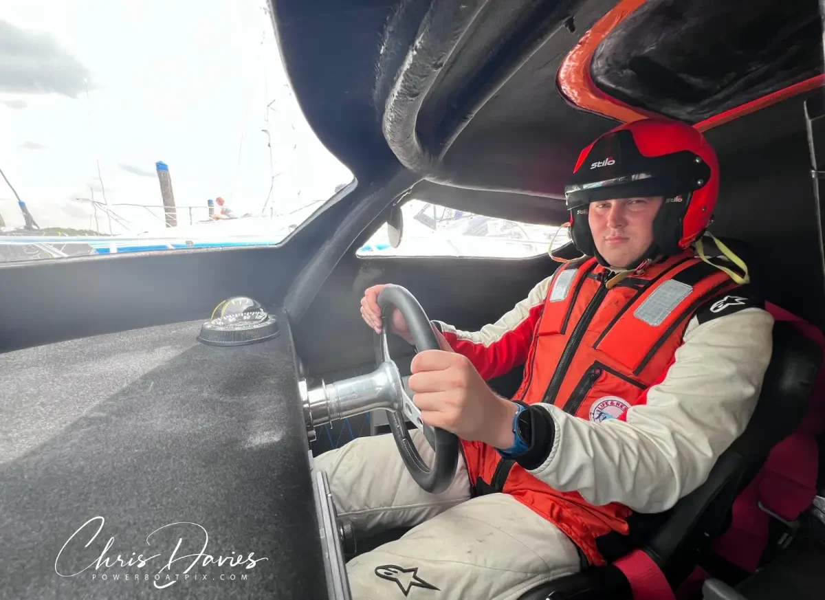 Anton Modin at the wheel of Double Trouble in the cockpit at Mercury Yacht Harbour, Hamble, ahead of UKOPRA Round 4 2026
