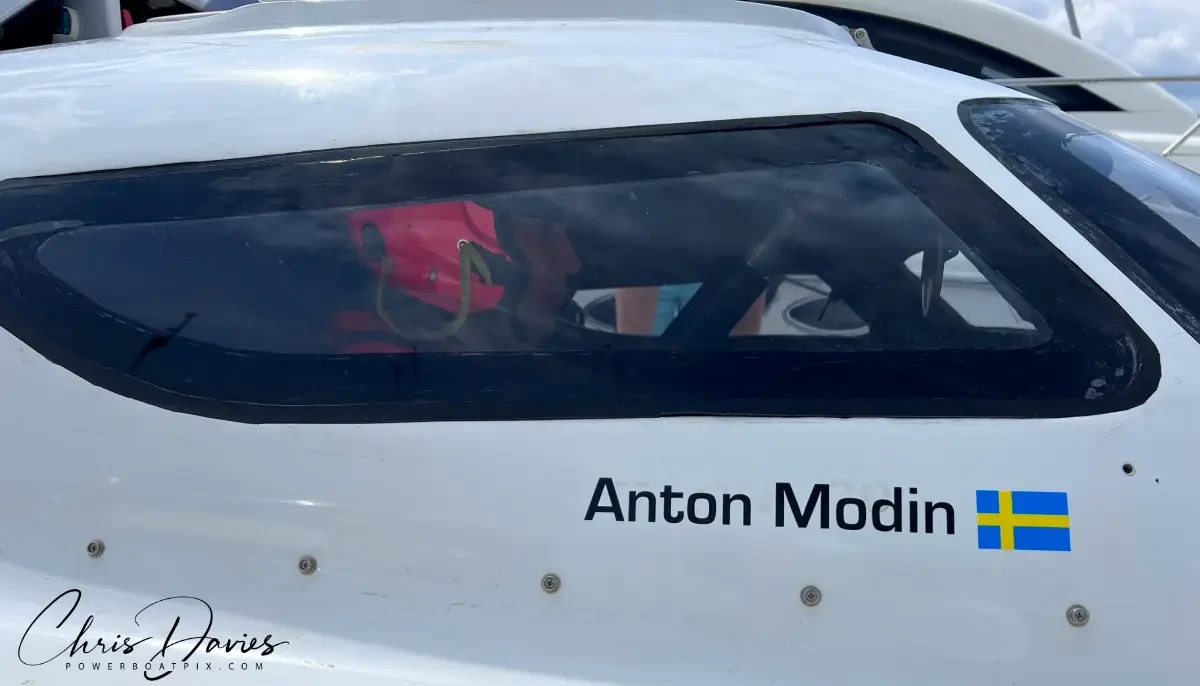 Anton Modin's name and the Swedish flag on the canopy of Double Trouble at Mercury Yacht Harbour, Hamble