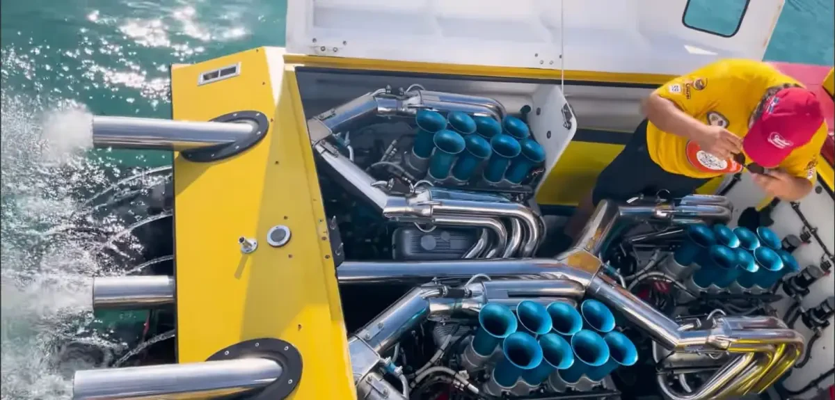Triple Keith Eickert Thunder Racing engines aboard Apache 47 Hull 001 with crew member