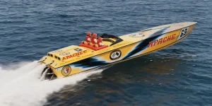 Ben Kramer's original 1987 Apache 47 Hull 001 offshore race boat, yellow and blue livery, for sale