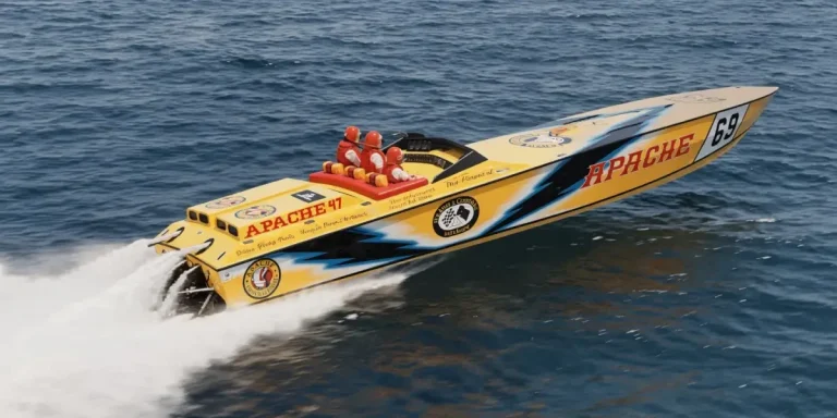 Ben Kramer's original 1987 Apache 47 Hull 001 offshore race boat, yellow and blue livery, for sale