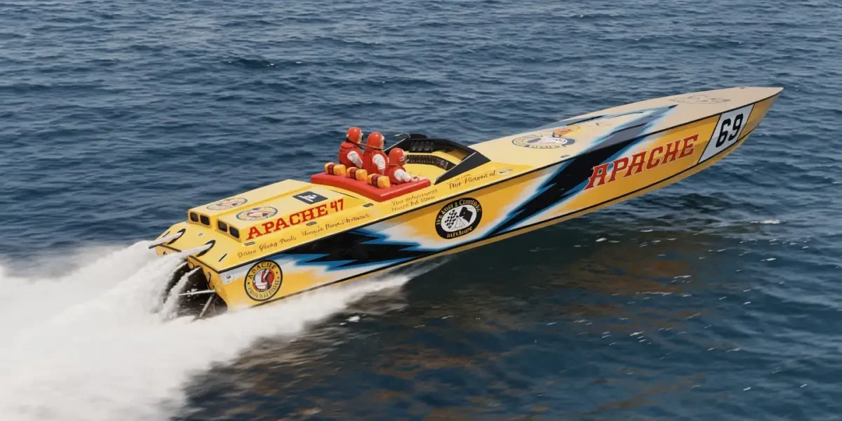 Ben Kramer's original 1987 Apache 47 Hull 001 offshore race boat, yellow and blue livery, for sale