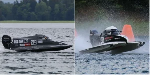 Attila Horvath (number 22) and Oliver Martin (number 45) racing at the 2026 UIM F4 European Championship at Aluksne