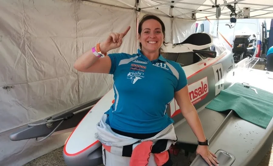 Bimba Sjoholm with her number 11 Molgaard hull in the paddock
