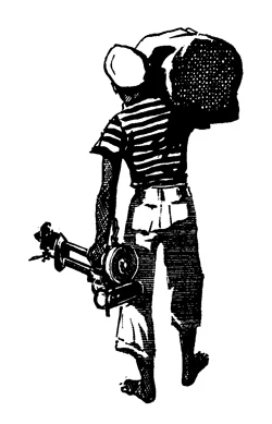 Black and white illustration of a diver figure carrying an outboard motor, used in vintage British Seagull advertising