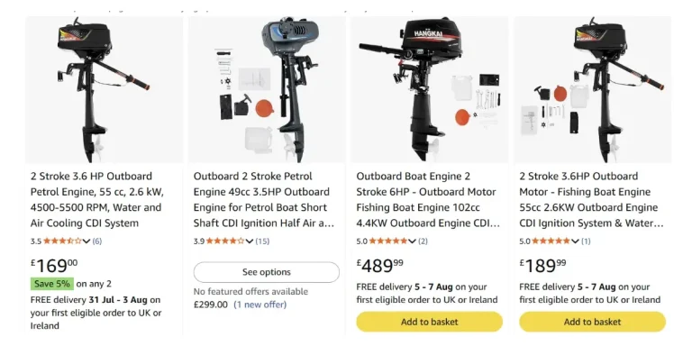 Budget Chinese outboard motor listings on Amazon including Hangkai-branded units