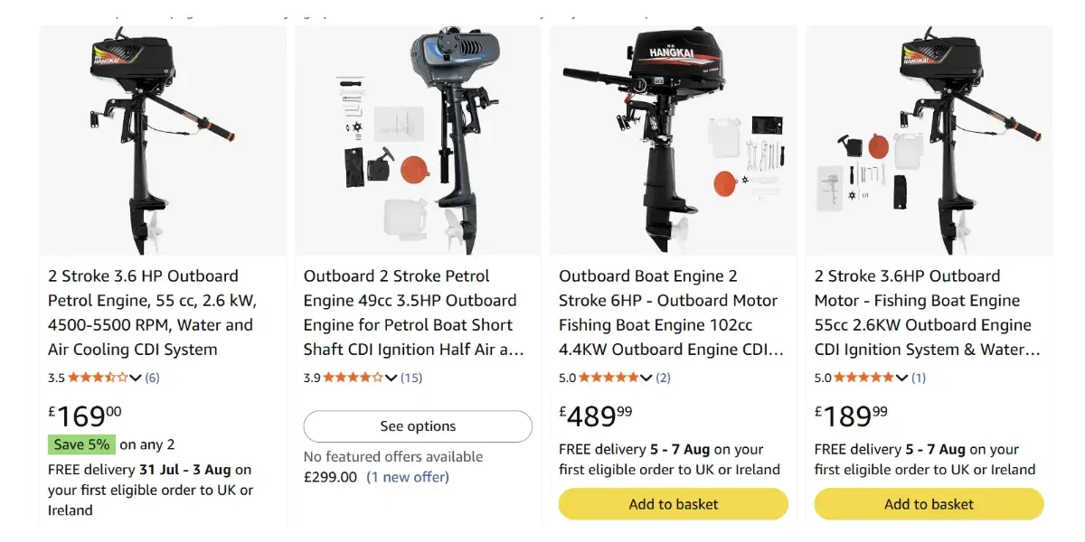 Budget Chinese outboard motor listings on Amazon including Hangkai-branded units