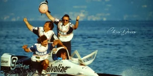 Danny Bertels and his Valvoline team celebrate winning his third UIM F3 world title, Italy 1993