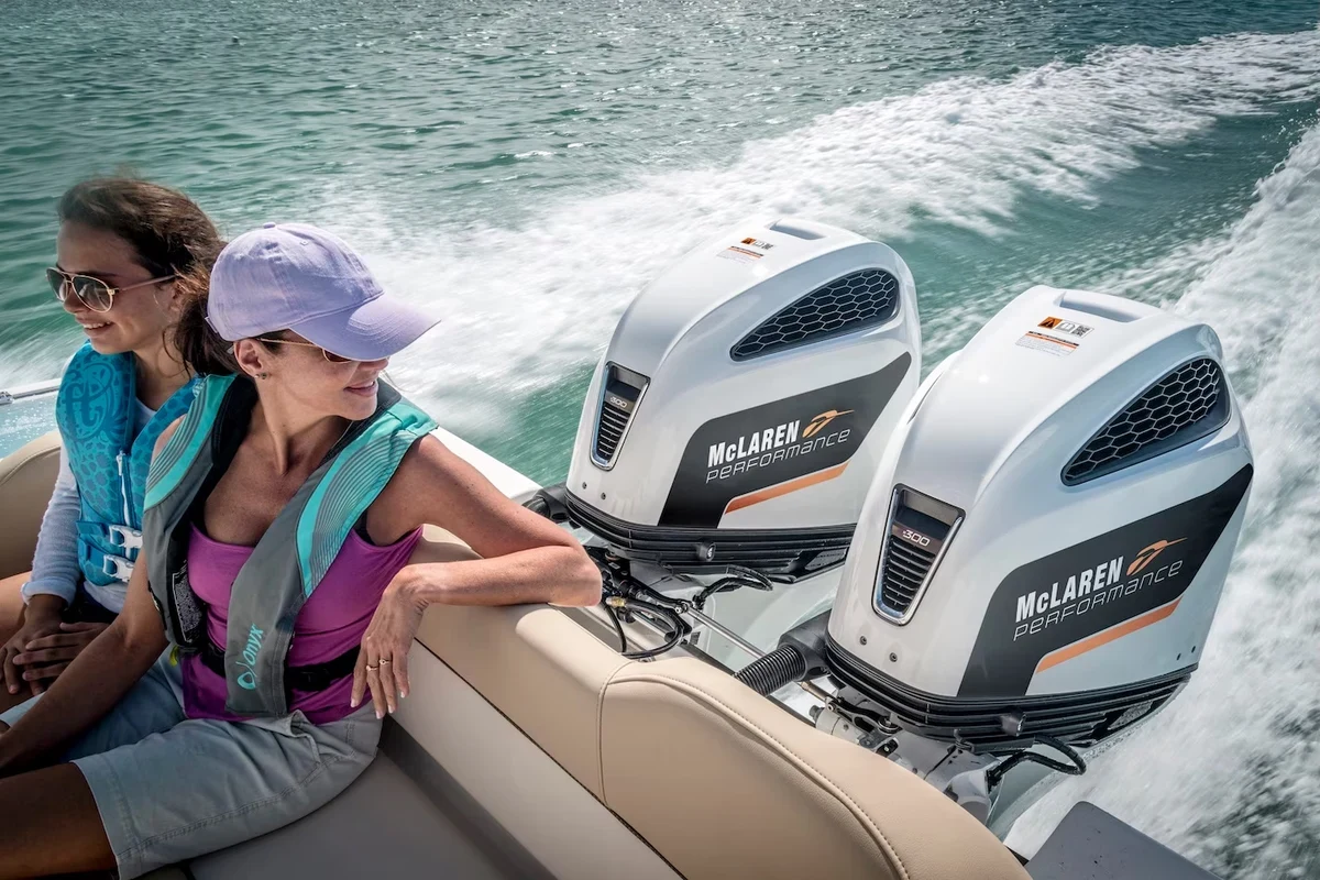 Twin McLaren Performance M300 outboards fitted to a boat transom underway