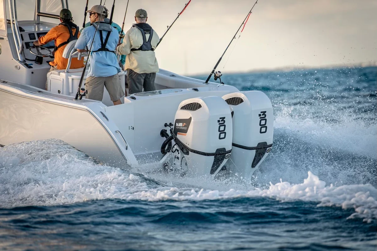Twin McLaren Performance M300 outboards running at speed with anglers aboard
