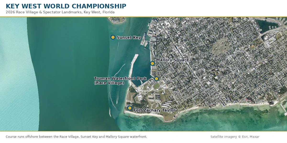 2026 Key West World Championship spectator landmarks map showing Truman Waterfront Park Race Village, Mallory Square, Sunset Key and Fort Zachary Taylor