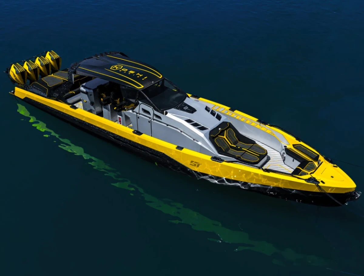 Aerial view of the Koshi 51 showing the quad Mercury Racing 500R outboards and carbon deck layout