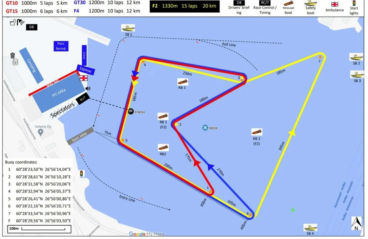 Official race course map for the 2026 Kotka Powerboatrace showing buoy positions and lap lengths for GT10, GT15, GT30 and F4