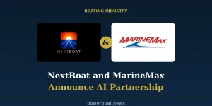 NextBoat and MarineMax logos side by side with a gold partnership badge, announcing a five-year AI platform partnership