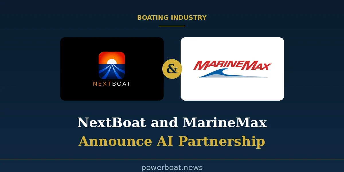NextBoat and MarineMax logos side by side with a gold partnership badge, announcing a five-year AI platform partnership