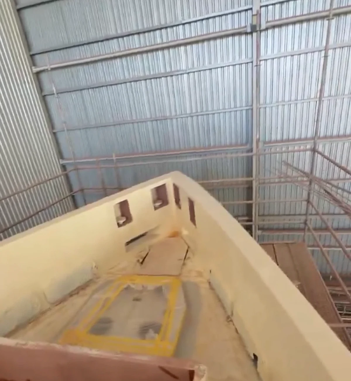 The bow deck of the Obsidian Blade superyacht under construction, with a section marked out for the plunge pool