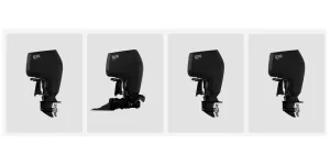 Four OXE Marine diesel outboard engines in black, shown from the side against a light grey background