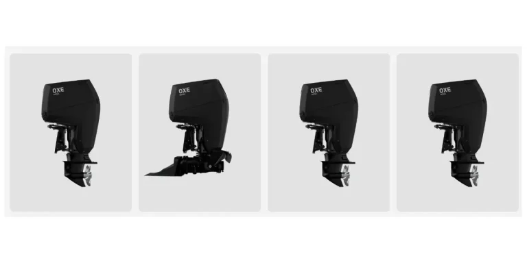 Four OXE Marine diesel outboard engines in black, shown from the side against a light grey background