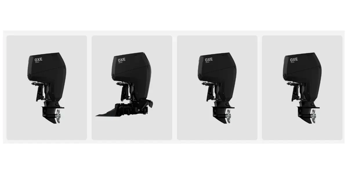 Four OXE Marine diesel outboard engines in black, shown from the side against a light grey background