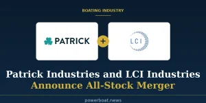 Patrick Industries and LCI Industries logos side by side with a gold merger badge, announcing an all-stock merger