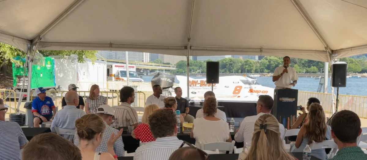 Press conference on the Pittsburgh riverfront announcing the new IHRA Formula One Powerboat National Championship, with a Formula One race boat on display