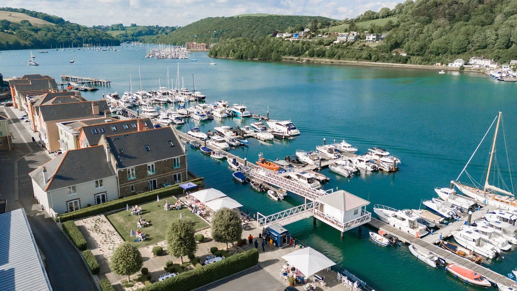 Aerial view of Dartmouth Marina berths on the River Dart