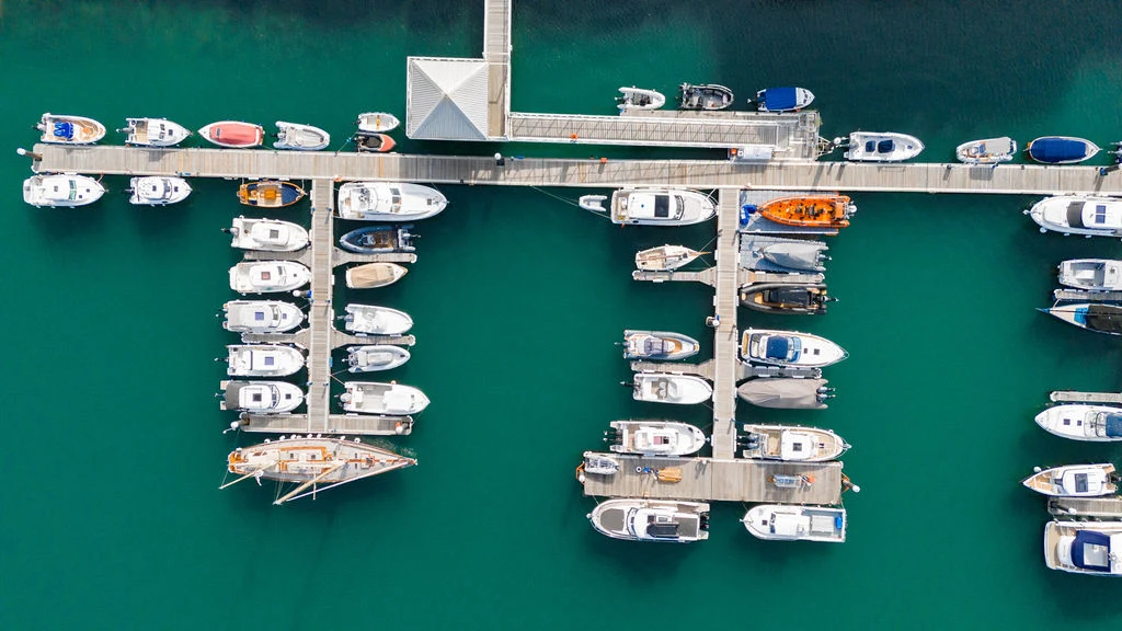 Overhead view of Dartmouth Marina pontoons and moored boats
