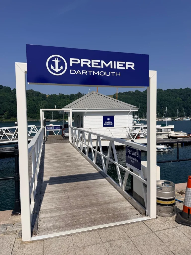 Premier Dartmouth marina reception entrance sign