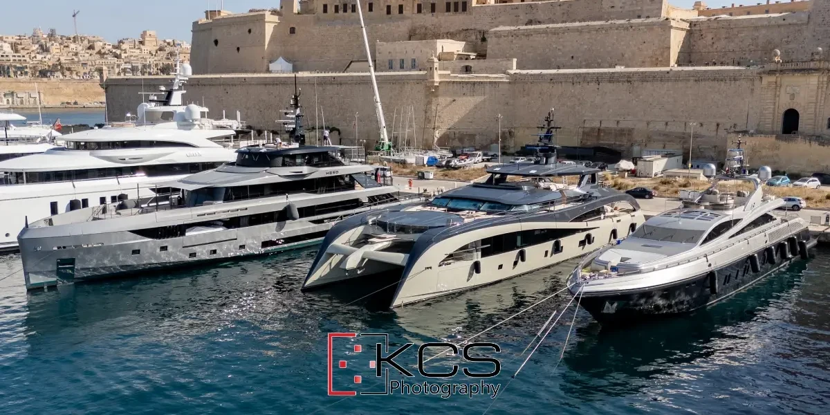 Heed, Seawolf X and Flying Dagger berthed side by side beneath the fortifications at Grand Harbour Marina, Malta