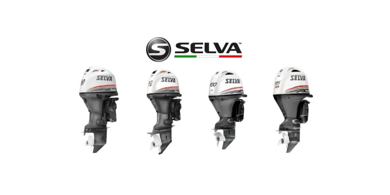 Selva Marine outboard motor lineup with Italian tricolour branding