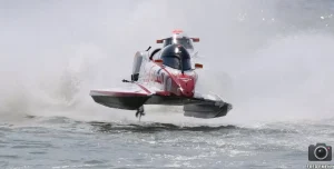Stefan Arand's Sharjah Team boat launches off a wave during an F1H2O race