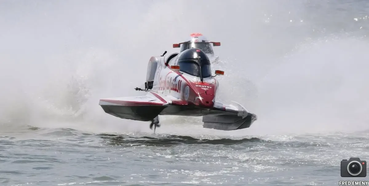 Stefan Arand's Sharjah Team boat launches off a wave during an F1H2O race