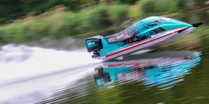 TechnoMAP PePHyT electric hydroplane at speed on the Canal de Caen during the UIM record attempt, May 28 2026