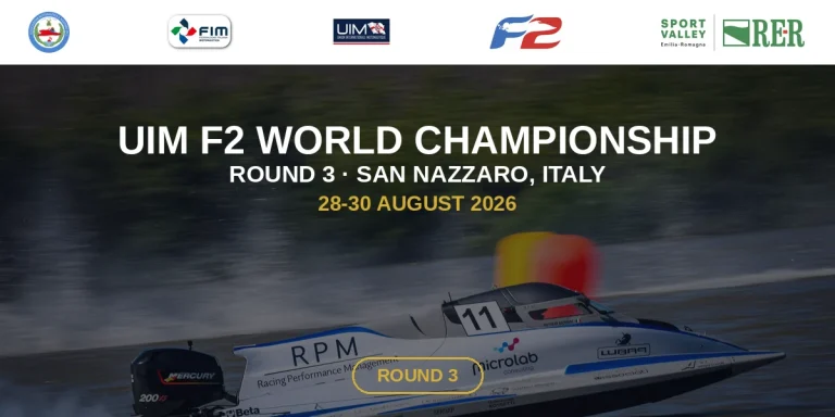 UIM F2 World Championship Round 3 San Nazzaro 2026, 28-30 August, with FIM, UIM, Associazione Motonautica San Nazzaro and Sport Valley Emilia-Romagna logos