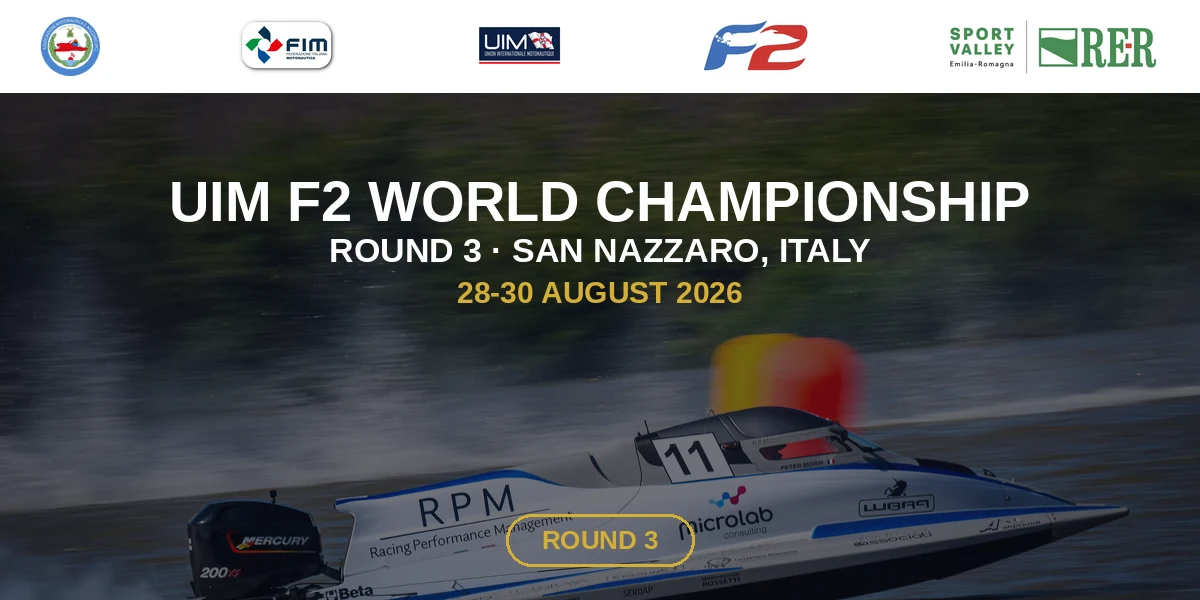 UIM F2 World Championship Round 3 San Nazzaro 2026, 28-30 August, with FIM, UIM, Associazione Motonautica San Nazzaro and Sport Valley Emilia-Romagna logos