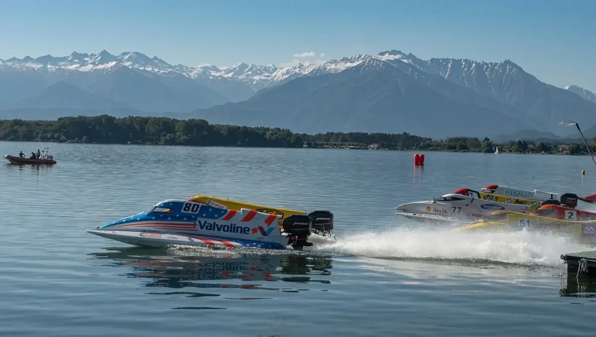 UIM F2 boats racing on Lake Viverone with the Alps in the background