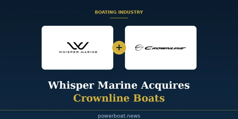 Whisper Marine and Crownline Boats logos side by side with a gold merger badge, announcing Whisper Marine's acquisition of Crownline Boats
