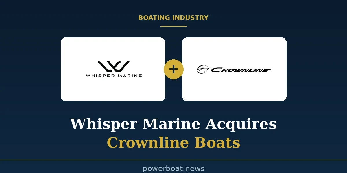 Whisper Marine and Crownline Boats logos side by side with a gold merger badge, announcing Whisper Marine's acquisition of Crownline Boats