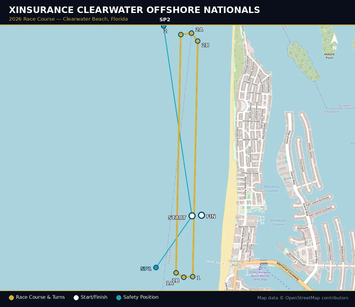 2026 XINSURANCE Clearwater Offshore Nationals race course map on OpenStreetMap, showing turns 1, 1A, 1B, 2, 2A, 2B, Start/Finish and safety positions off Clearwater Beach, Florida