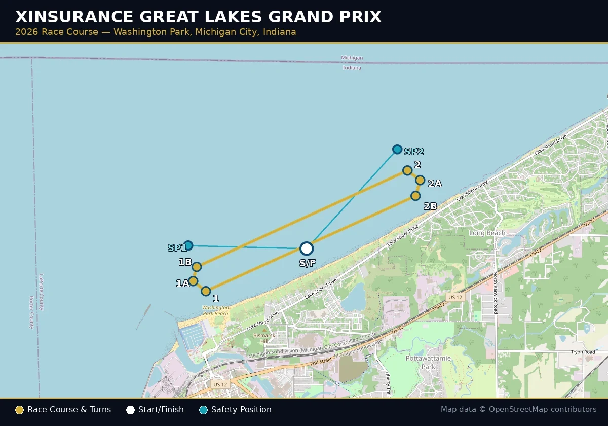 2026 XINSURANCE Great Lakes Grand Prix race course map on OpenStreetMap, showing turns 1, 1A, 1B, 2, 2A, 2B, Start/Finish and safety positions off Washington Park Beach, Michigan City