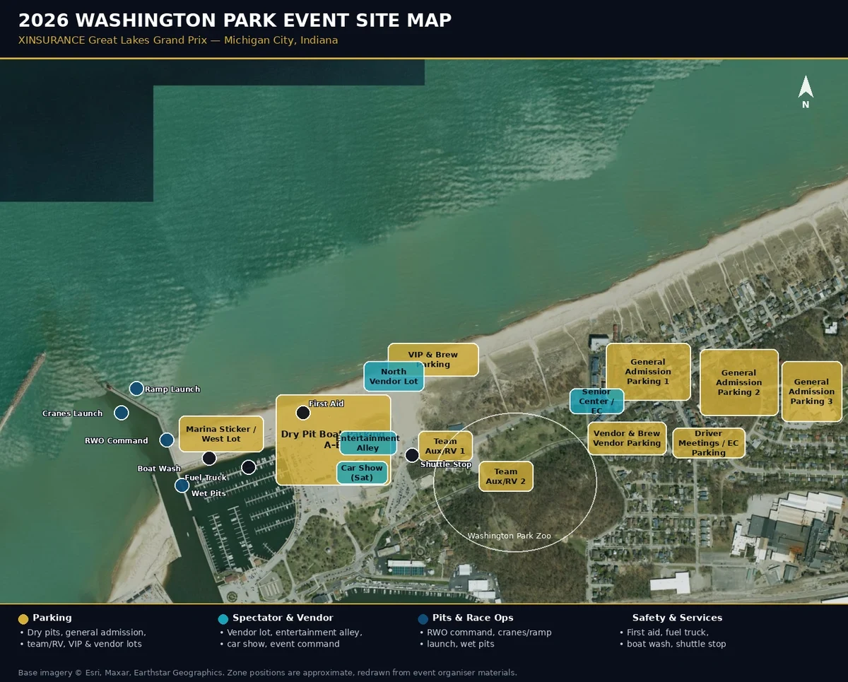 2026 XINSURANCE Great Lakes Grand Prix event site map on satellite imagery, showing dry pit parking, general admission lots, vendor areas, race operations and safety services at Washington Park, Michigan City