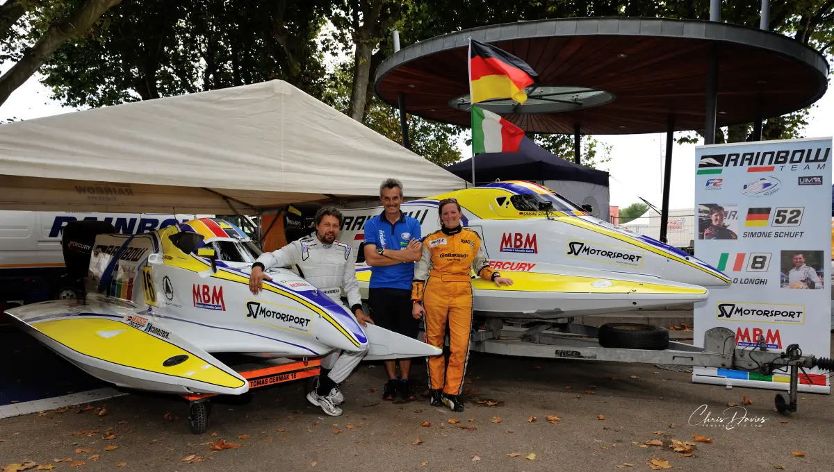 Rainbow Team's Formula 2 line-up at Macon in 2016, including Tomas Cermak and Simone Schuft, with Fabrizio Bocca centre