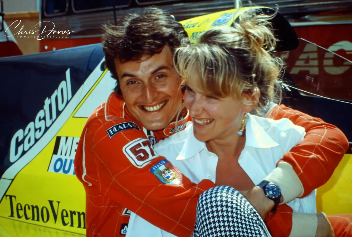 Fabrizio Bocca embracing Elisa in the paddock at Chalon, France, 1993