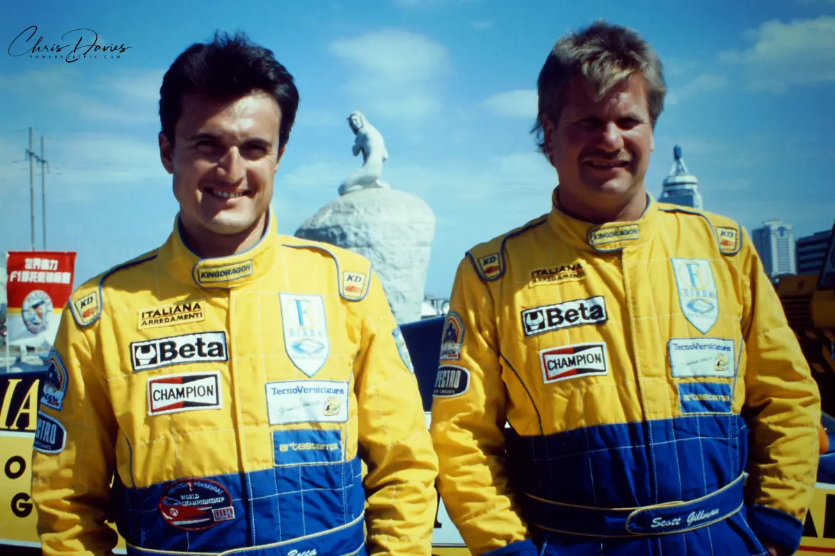 Fabrizio Bocca and Scott Gillman in matching Rainbow Team race suits in China, 1997, the year Gillman won his first world title as Bocca's teammate