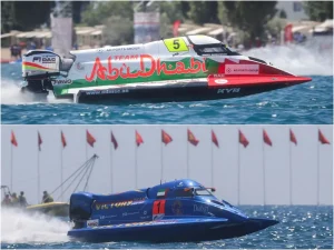 Jonas Andersson, Team Abu Dhabi (top) and Shaun Torrente, Victory Team (bottom), sprint race winners at the F1H2O Grand Prix of Kyrgyzstan