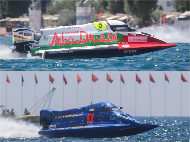 Jonas Andersson, Team Abu Dhabi (top) and Shaun Torrente, Victory Team (bottom), sprint race winners at the F1H2O Grand Prix of Kyrgyzstan