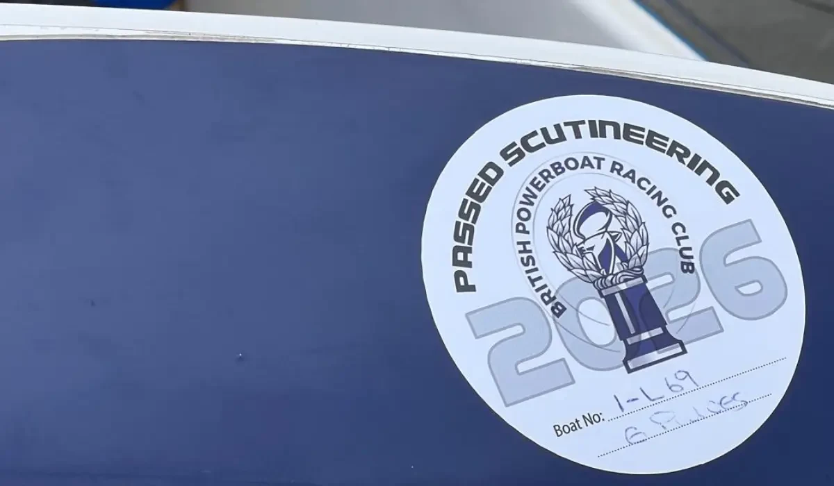 British Powerboat Racing Club 2026 passed scrutineering sticker on a Cowes Torquay Cowes entry