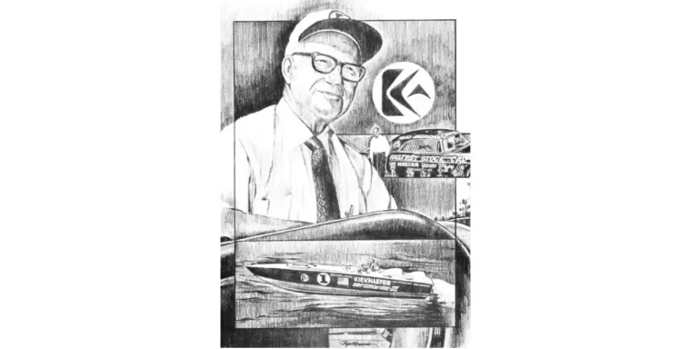 Illustrated portrait of Carl Kiekhaefer with Mercury Aeromarine boat and NASCAR record card